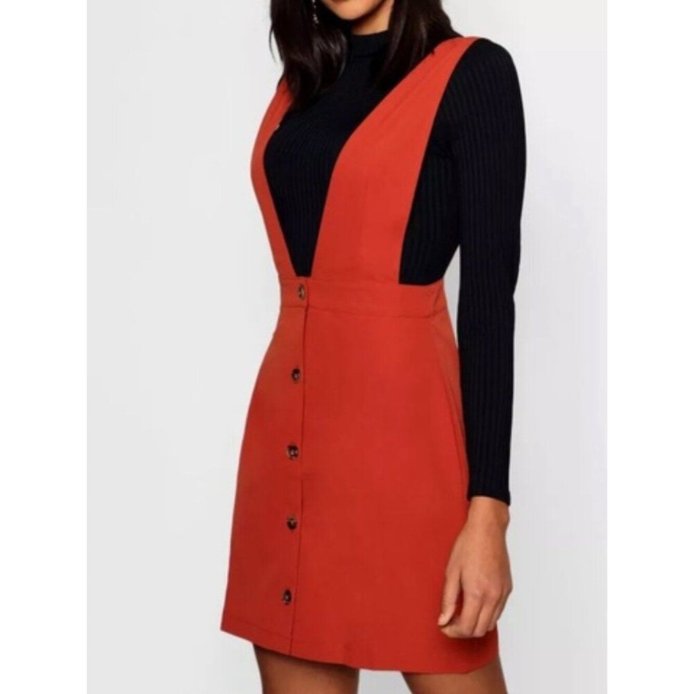 NWT Boohoo Plunge Front Button Pinafore Minimalist Chic Dress
